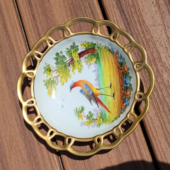 Vintage Bavaria hand-painted plate / dish w pheasant, flowers & trees gold trim - Picture 3 of 4